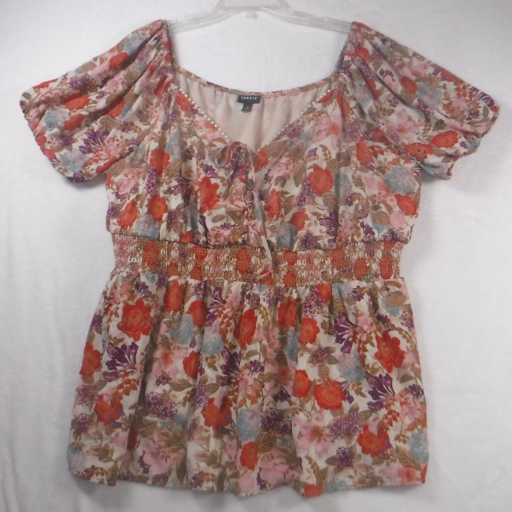 Torrid Floral Smocked Empire Waist Babydoll Top Chiffon Puff Sleeve Plus Size 3
